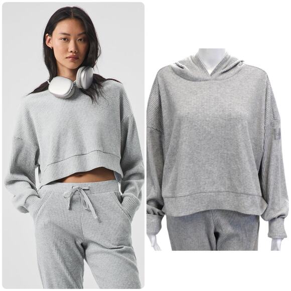 Alo Yoga Muse Hoodie Ribbed Cropped Lounge Athleisure Athletic Heather Large